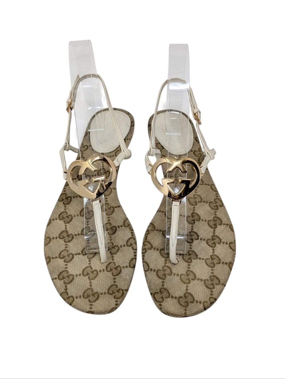 Gucci Interlocking GG Heart Monogram Ivory T-Strap Thong Sandal Size EU 39